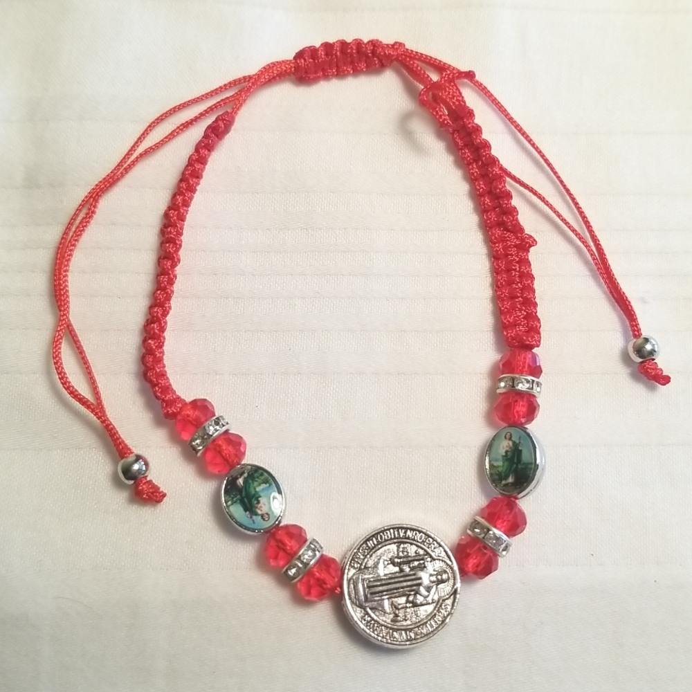 Silver Red Rhinestone Religious Bracelet
